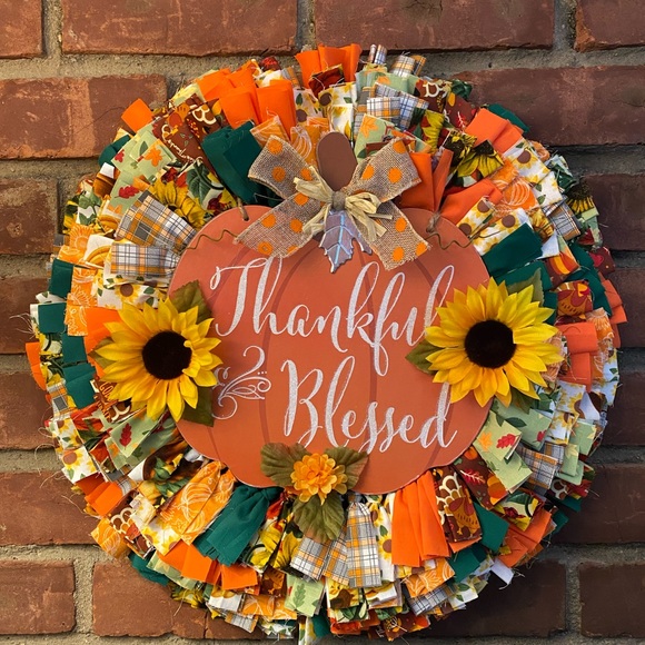 Fall Thankful & Blessed Rag Wreath - Picture 1 of 8